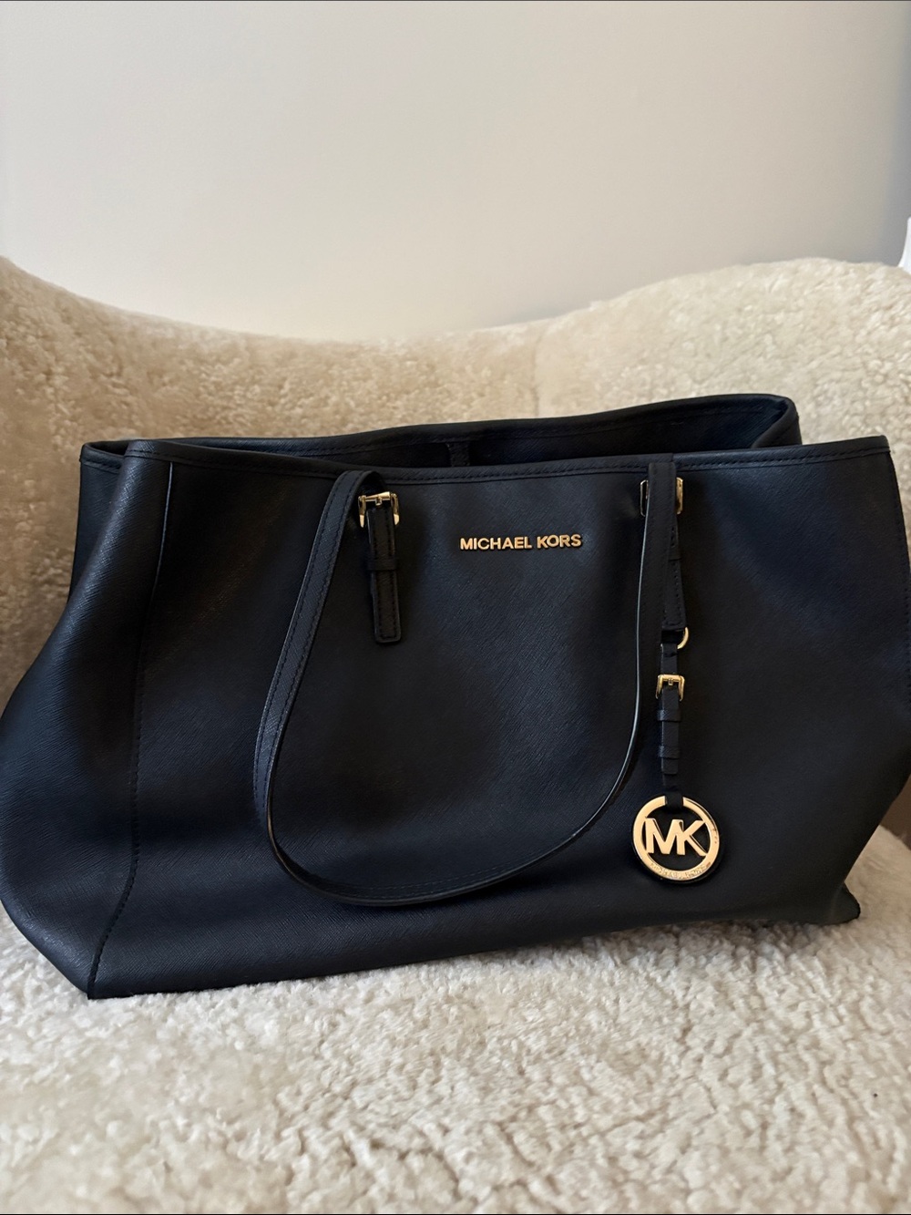 Michael Kors Black Saffiano Leather Large Tote with Gold MK Charm